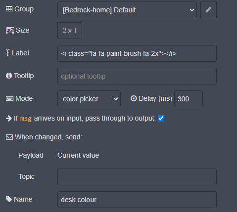 Node-Red Dashboard text input node for RGB control