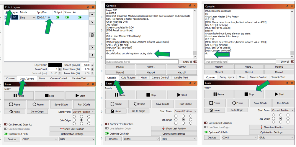 Various panels and controls in Lightburn when using the Ortur Laser Master Pro