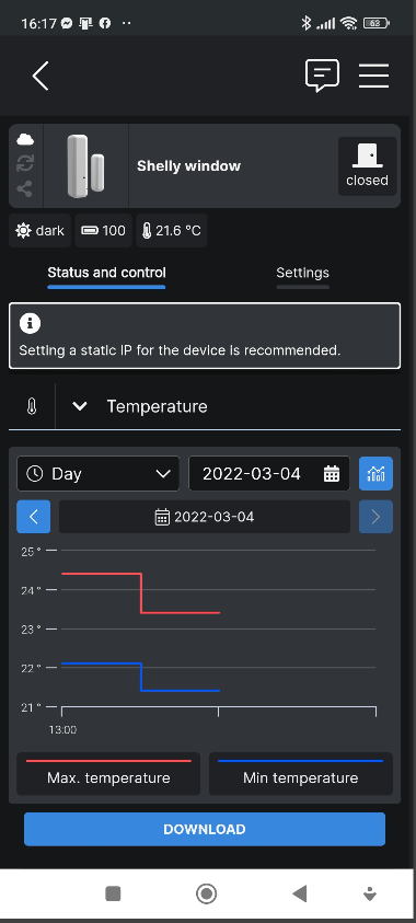 Shelly App showing Shelly Door/Window2