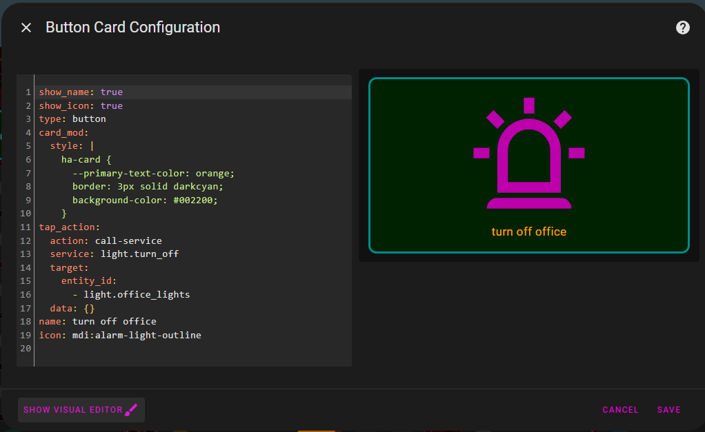 button card in HA yaml config