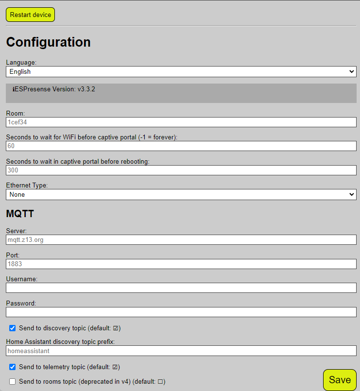 ESPresense main admin page