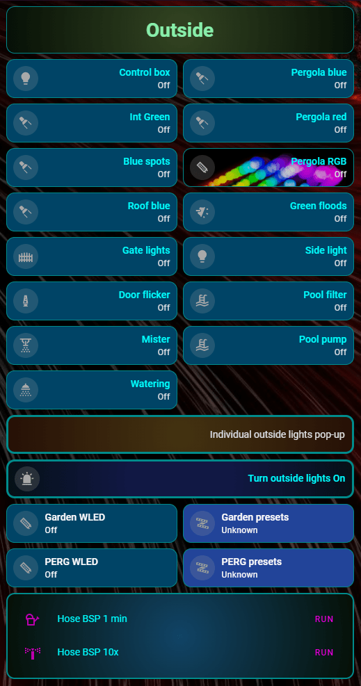 My HA main panel - OUTSIDE control section showing ON state for lights