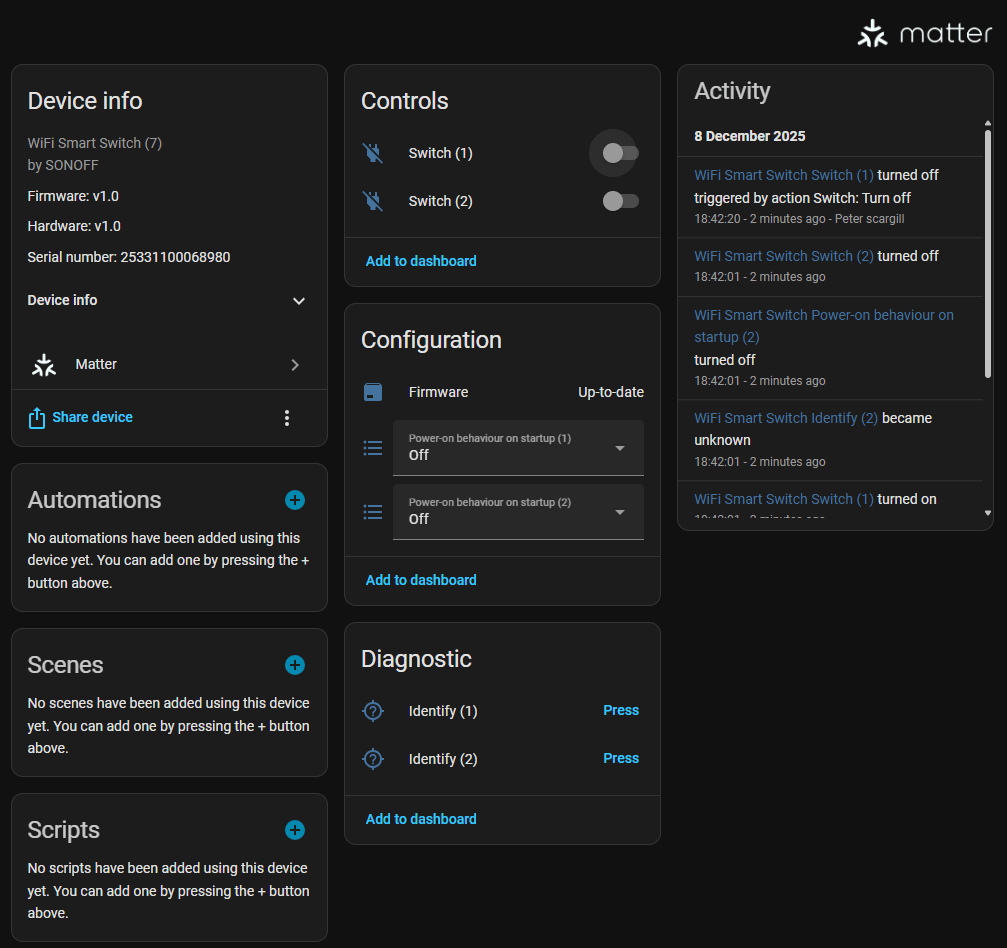 Sonoff Mini-Duo (WiFi) using Matter